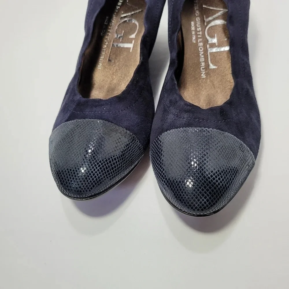 Agl Attilio Giusti Leombruni Cap Toe snake print suede wedge pump heel s…